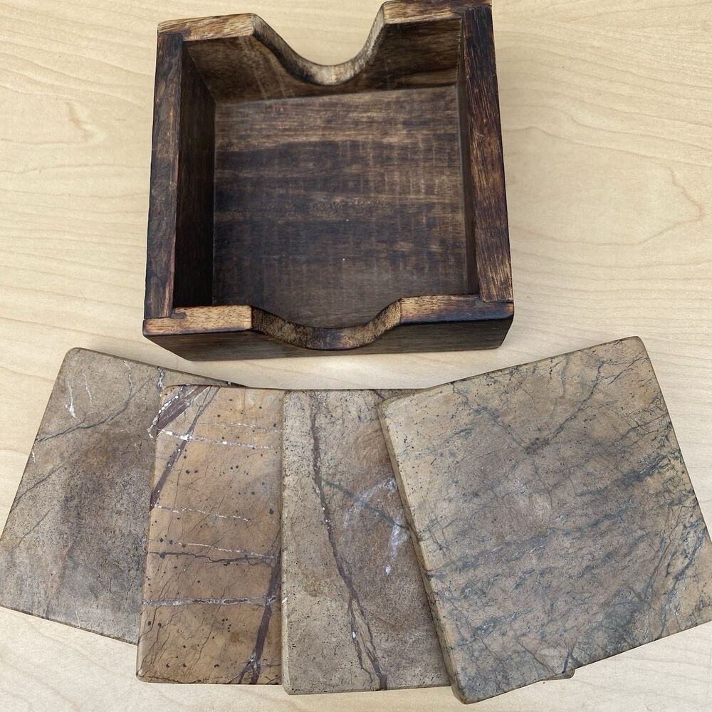 Marble Stone Coaster Set of 4 w Wood Holder Natural Veining Square Heavy